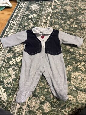 Striped Gray & Navy Mock Vest Baby Footie